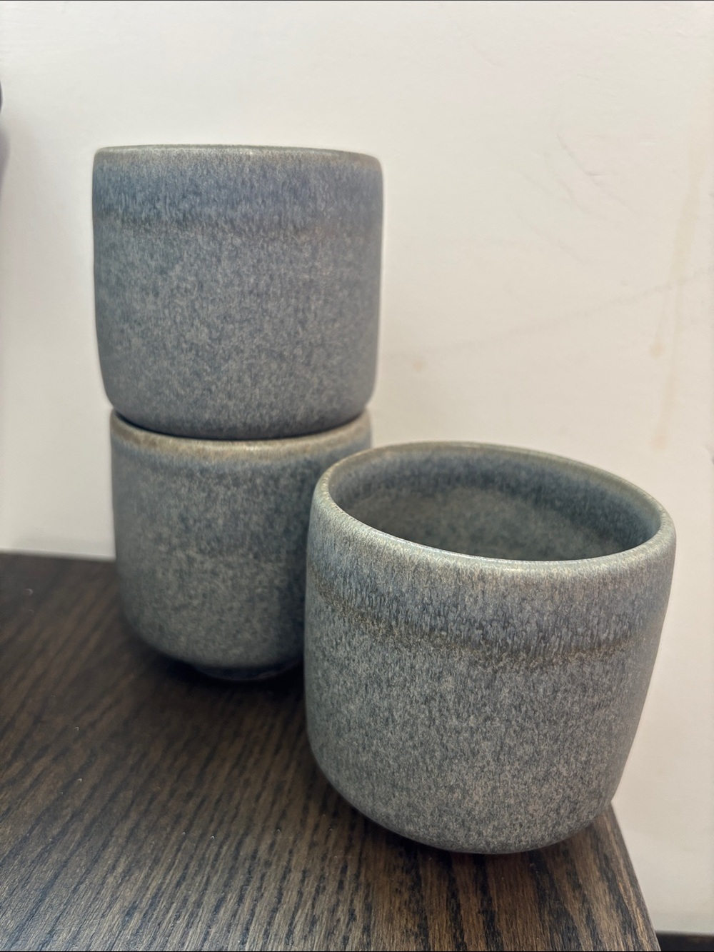 West Elm glazed stoneware Kanto mugs- set of 3, gray/blue, 3.75” tall